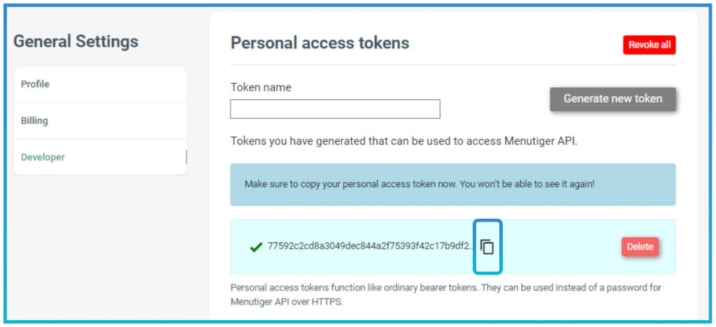 Copy and paste API token