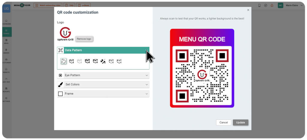 Customize menu QR code 