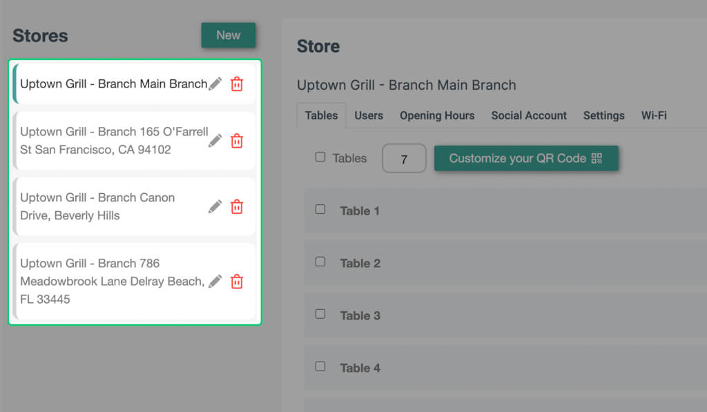 Stores in menu QR code