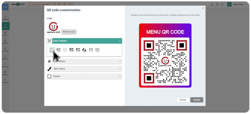 Customize QR code menu