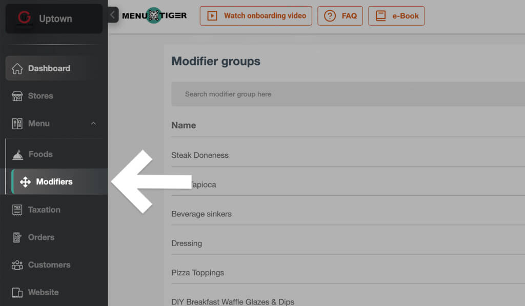 Modifier groups section MENU TIGER