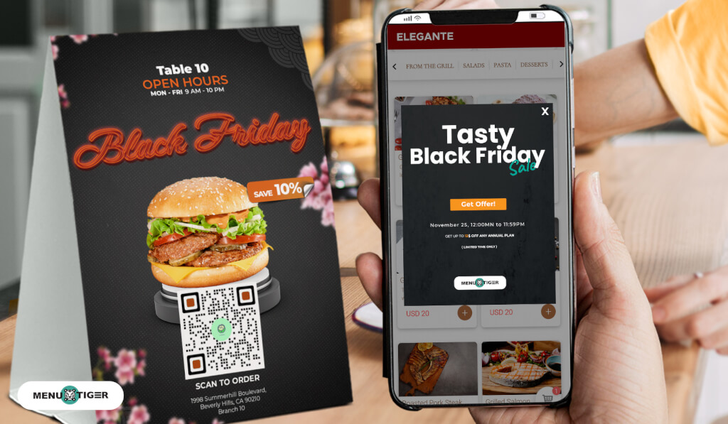 Smartphone with a black friday voucher and a tabletop tent QR code menu