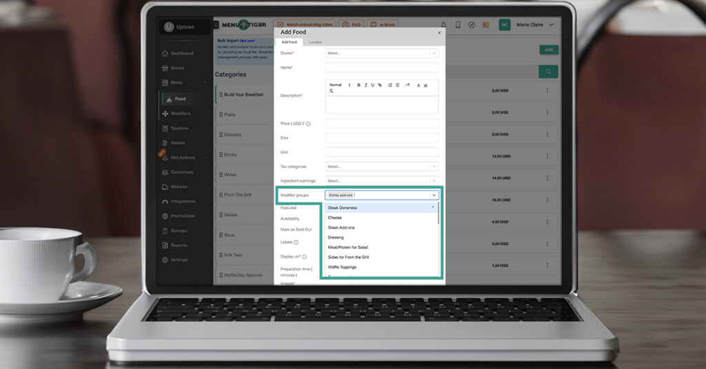 Adding modifier under food section