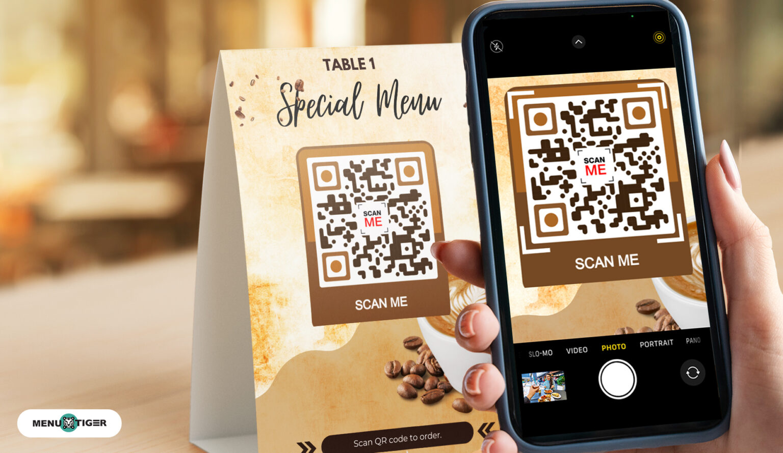 A QR code on a restaurant table for a digital menu.