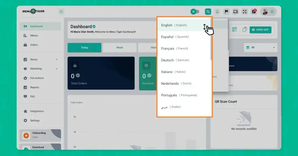 MENU TIGER dashboard languages