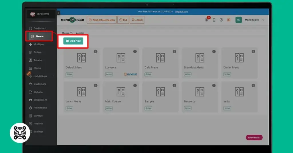 menu tiger dashboard 