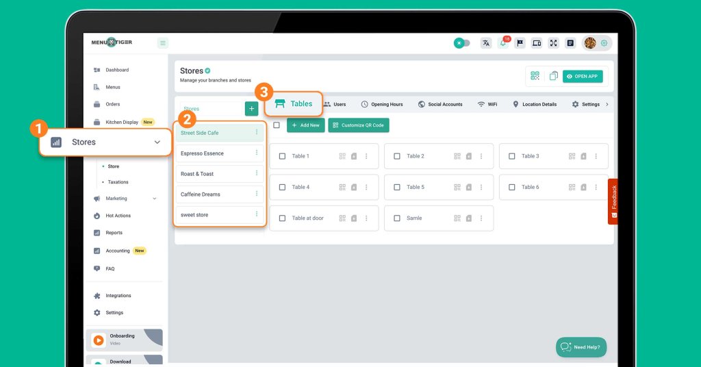 Store settings for QR code menu for delivery methods