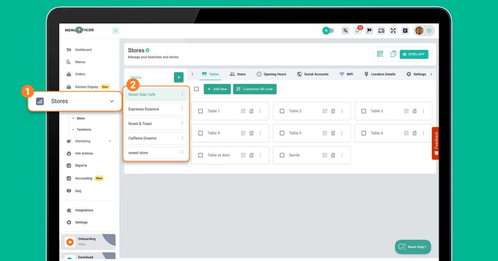 Store settings for dine in, take away, pick up and delivery